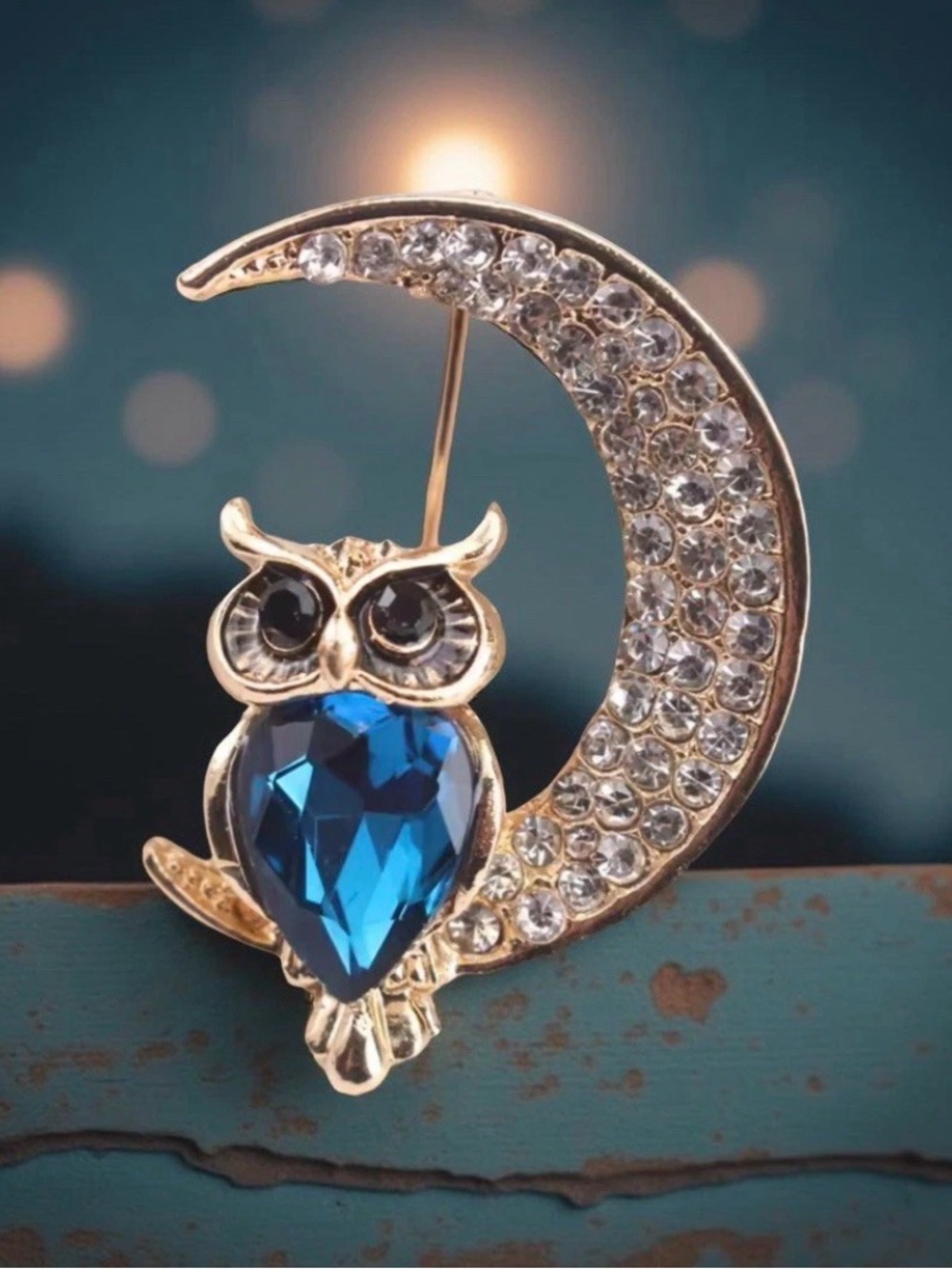 Gold Tone Owl Crescent Brooch with Blue Rhinestones Crystal Accent